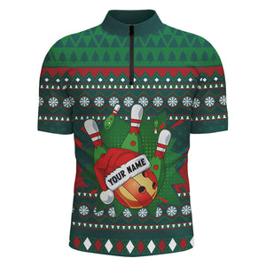 Green Christmas pattern Bowling Polo, Quarter Zip Shirts For Men Custom Christmas Bowling Team Jersey NQS8788