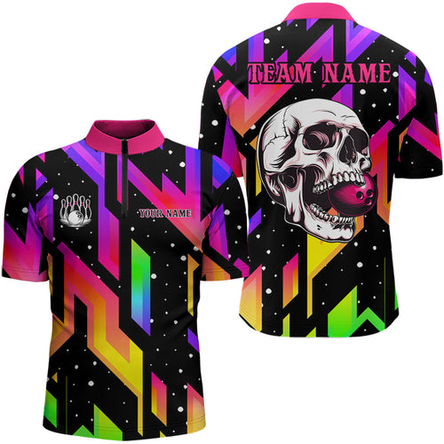 Colorful Black Skull Bowling Polo, 1/4 zip shirts for men Custom Team Bowling Jersey, gift for bowlers NQS9021