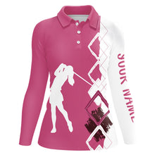 Load image into Gallery viewer, Pink and white argyle pattern Womens golf polo Shirt Custom golf attire for ladies team golf shirts NQS9023