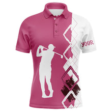 Load image into Gallery viewer, Pink and white argyle pattern Men Golf Polo Shirt Custom golf attire for men team golf shirts NQS9023