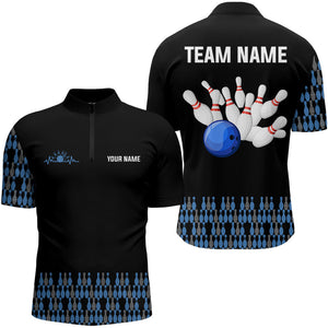 Black and Blue Camo Bowling Polo, 1/4 zip shirts for men Custom Team Bowling Jerseys, gift for bowlers NQS9026