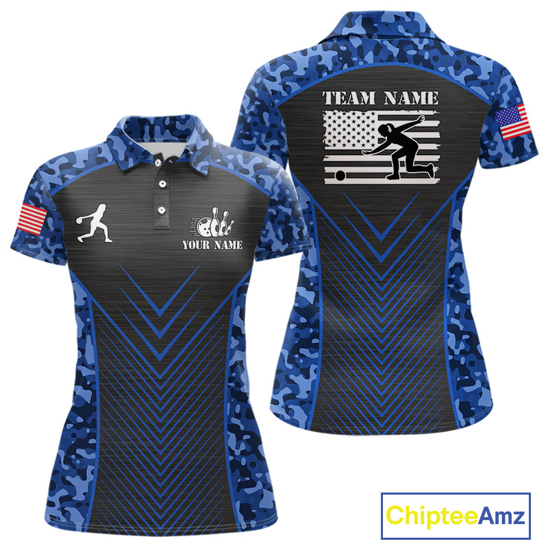 Women Bowling Polo, Quarter Zip Shirts Custom blue camo American flag team bowling League Jerseys NQS11116
