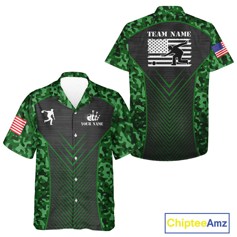 Bowling Hawaiian Shirt Custom green camo American flag team bowling League Jerseys NQS11117