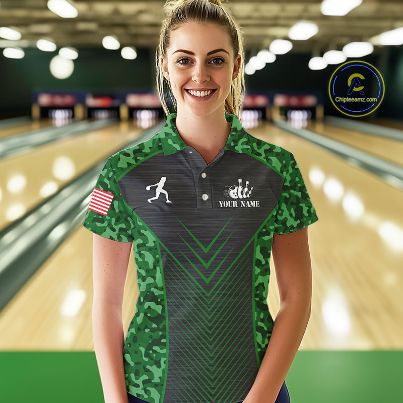 Women Bowling Polo, Quarter Zip Shirts Custom green camo American flag team bowling League Jerseys NQS11117