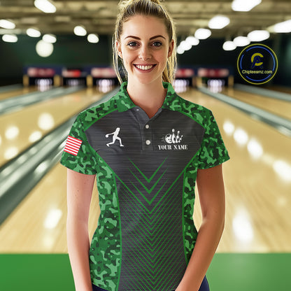 Women Bowling Polo, Quarter Zip Shirts Custom green camo American flag team bowling League Jerseys NQS11117