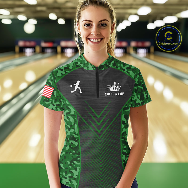 Women Bowling Polo, Quarter Zip Shirts Custom green camo American flag team bowling League Jerseys NQS11117