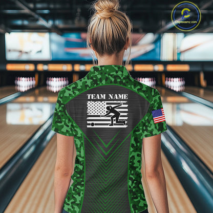 Women Bowling Polo, Quarter Zip Shirts Custom green camo American flag team bowling League Jerseys NQS11117