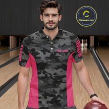 Load image into Gallery viewer, Mens bowling polo, 1/4 zip shirts Custom gray camo Bowling Team Jersey, Bowling League Shirt | Pink NQS11118