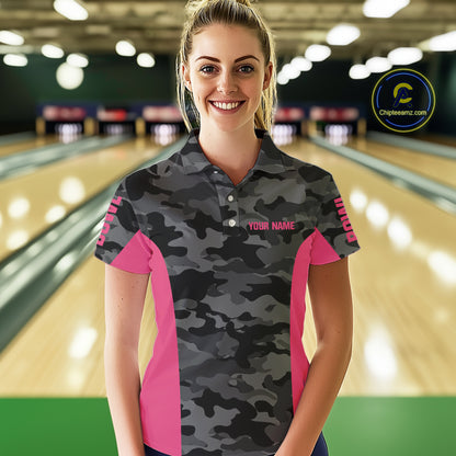 Women bowling polo, 1/4 zip shirts Custom gray camo Bowling Team Jersey, Bowling League Shirt | Pink NQS11118