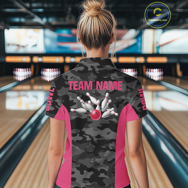 Women bowling polo, 1/4 zip shirts Custom gray camo Bowling Team Jersey, Bowling League Shirt | Pink NQS11118