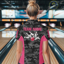 Load image into Gallery viewer, Women bowling polo, 1/4 zip shirts Custom gray camo Bowling Team Jersey, Bowling League Shirt | Pink NQS11118