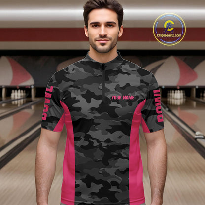 Mens bowling polo, 1/4 zip shirts Custom gray camo Bowling Team Jersey, Bowling League Shirt | Pink NQS11118