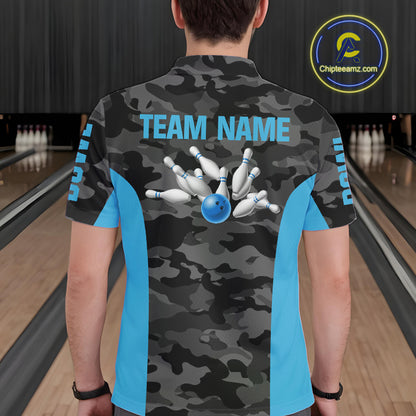 Mens bowling polo, 1/4 zip shirts Custom gray camo Bowling Team Jersey, Bowling League Shirt | Blue NQS11119