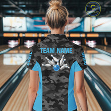 Load image into Gallery viewer, Women bowling polo, 1/4 zip shirts Custom gray camo Bowling Team Jersey, Bowling League Shirt | Blue NQS11119