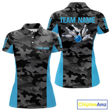 Load image into Gallery viewer, Women bowling polo, 1/4 zip shirts Custom gray camo Bowling Team Jersey, Bowling League Shirt | Blue NQS11119