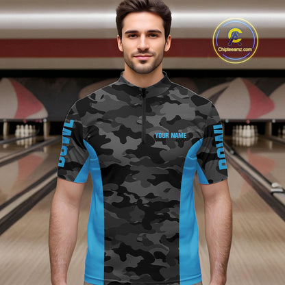 Mens bowling polo, 1/4 zip shirts Custom gray camo Bowling Team Jersey, Bowling League Shirt | Blue NQS11119