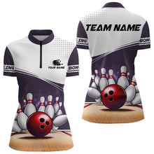 Load image into Gallery viewer, White and Purple Women Bowling Polo, Quarter Zip shirt Custom cool bowling jerseys for team NQS9260