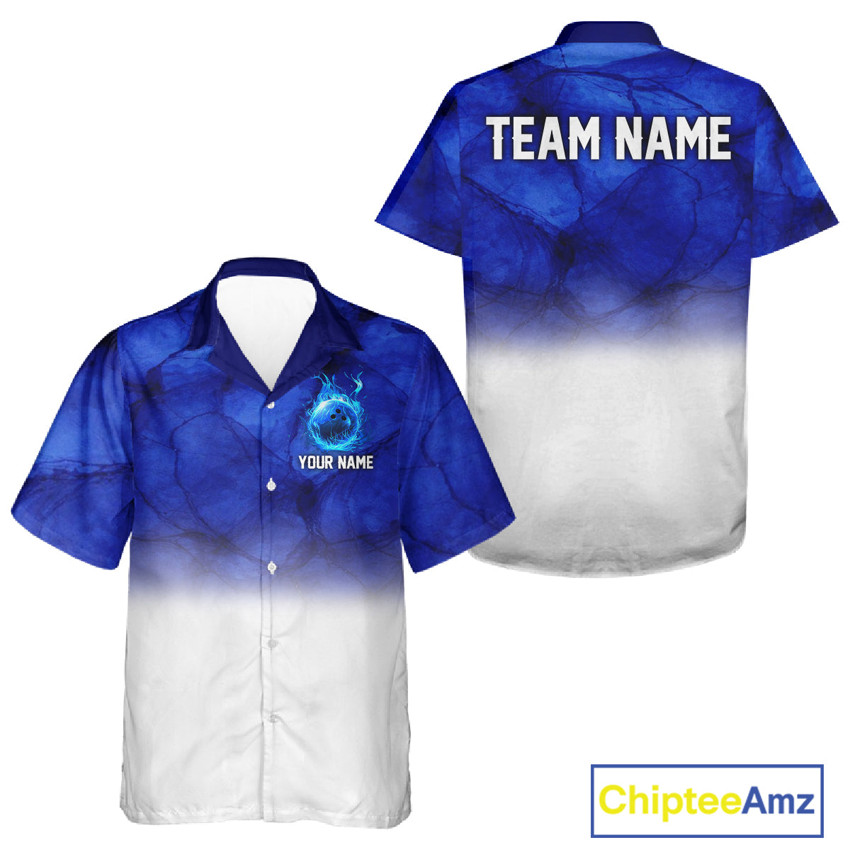 Blue and White Bowling Hawaiian Shirt Custom Team Bowling button up shirt, gift for bowlers NQS11321