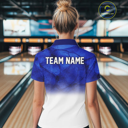 Blue and White Bowling Polo, Quarter Zip Shirt For Women Custom Team Bowling jerseys NQS11321