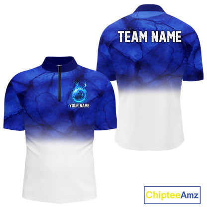 Blue and White Bowling Polo, Quarter Zip Shirt For Men Custom Team Bowling jerseys NQS11321