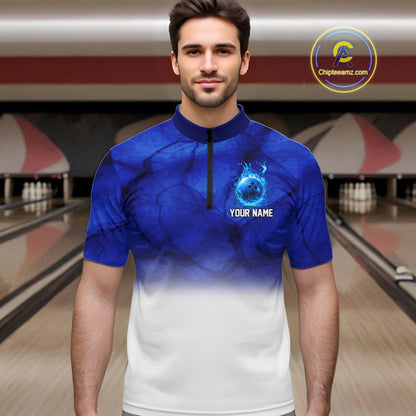 Blue and White Bowling Polo, Quarter Zip Shirt For Men Custom Team Bowling jerseys NQS11321