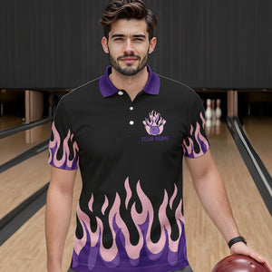 Black and Purple Flame Retro Bowling Polo, Quarter Zip Shirt for Men Custom Bowling Team Jerseys NQS9427