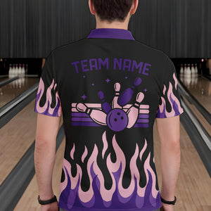 Black and Purple Flame Retro Bowling Polo, Quarter Zip Shirt for Men Custom Bowling Team Jerseys NQS9427