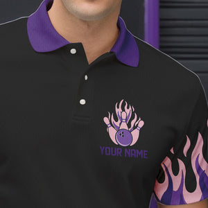 Black and Purple Flame Retro Bowling Polo, Quarter Zip Shirt for Men Custom Bowling Team Jerseys NQS9427