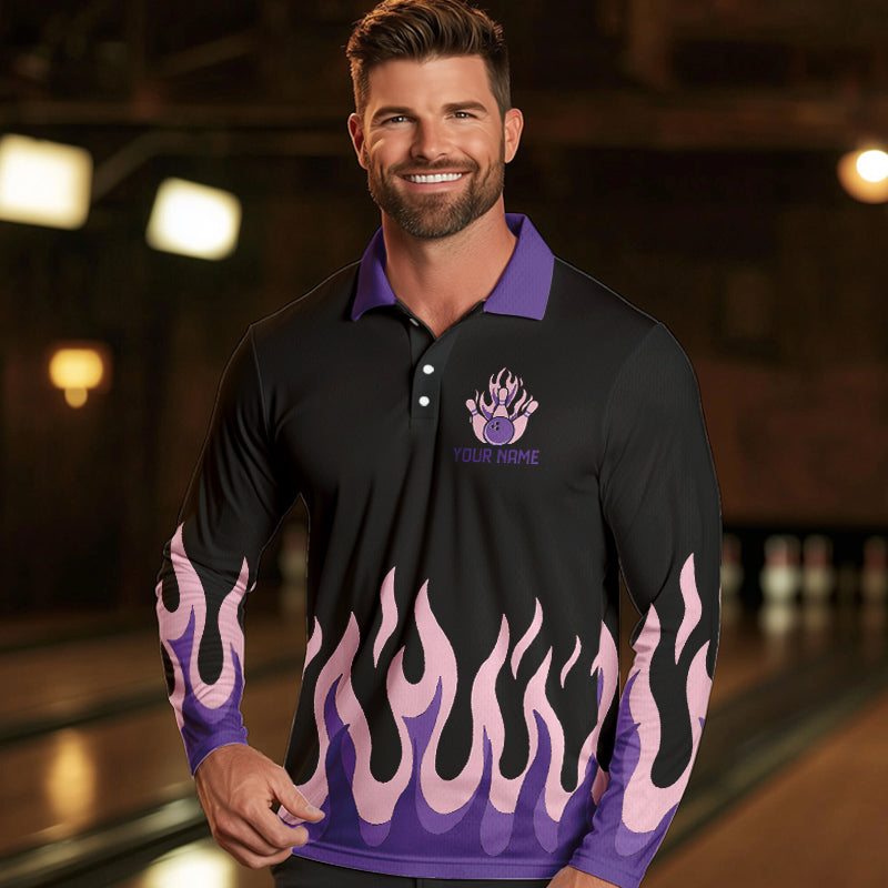 Black and Purple Flame Retro Bowling Polo, Quarter Zip Shirt for Men Custom Bowling Team Jerseys NQS9427