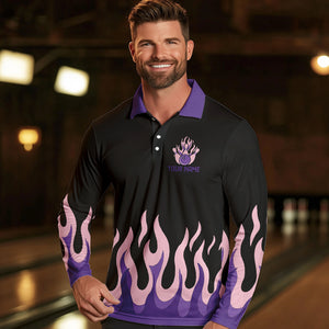 Black and Purple Flame Retro Bowling Polo, Quarter Zip Shirt for Men Custom Bowling Team Jerseys NQS9427