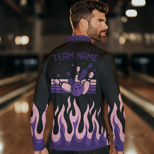 Black and Purple Flame Retro Bowling Polo, Quarter Zip Shirt for Men Custom Bowling Team Jerseys NQS9427