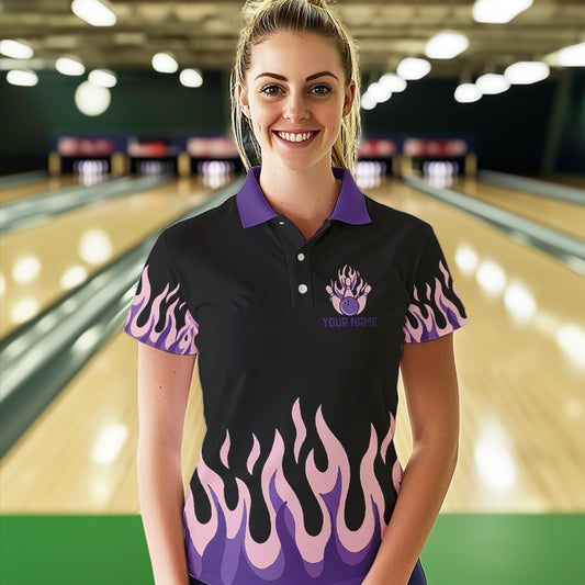 Black and Purple Flame Retro Bowling Polo, Quarter Zip Shirt for Women Custom Bowling Team Jerseys NQS9427