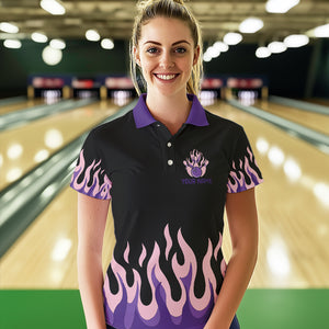 Black and Purple Flame Retro Bowling Polo, Quarter Zip Shirt for Women Custom Bowling Team Jerseys NQS9427