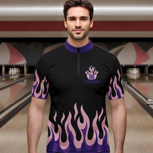 Black and Purple Flame Retro Bowling Polo, Quarter Zip Shirt for Men Custom Bowling Team Jerseys NQS9427