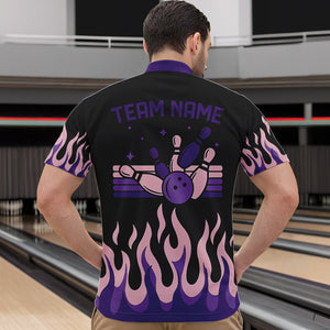 Black and Purple Flame Retro Bowling Polo, Quarter Zip Shirt for Men Custom Bowling Team Jerseys NQS9427