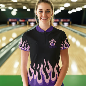 Black and Purple Flame Retro Bowling Polo, Quarter Zip Shirt for Women Custom Bowling Team Jerseys NQS9427