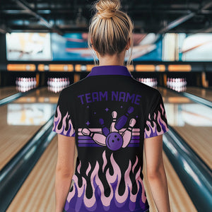 Black and Purple Flame Retro Bowling Polo, Quarter Zip Shirt for Women Custom Bowling Team Jerseys NQS9427