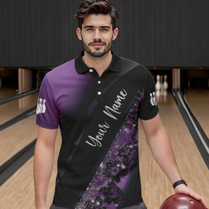 Black and Purple Glitter Flower Bowling Polo, Quarter Zip Shirt for Men Custom Bowling Team Jerseys NQS9432