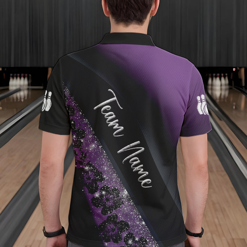 Black and Purple Glitter Flower Bowling Polo, Quarter Zip Shirt for Men Custom Bowling Team Jerseys NQS9432