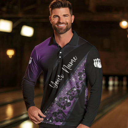 Black and Purple Glitter Flower Bowling Polo, Quarter Zip Shirt for Men Custom Bowling Team Jerseys NQS9432