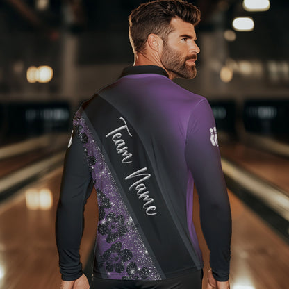 Black and Purple Glitter Flower Bowling Polo, Quarter Zip Shirt for Men Custom Bowling Team Jerseys NQS9432