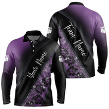 Load image into Gallery viewer, Black and Purple Glitter Flower Bowling Polo, Quarter Zip Shirt for Men Custom Bowling Team Jerseys NQS9432