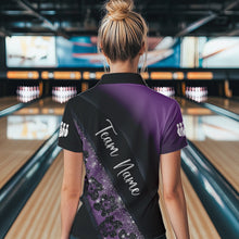Load image into Gallery viewer, Black and Purple Glitter Flower Bowling Polo, Quarter Zip Shirt for Women Custom Bowling Team Jerseys NQS9432
