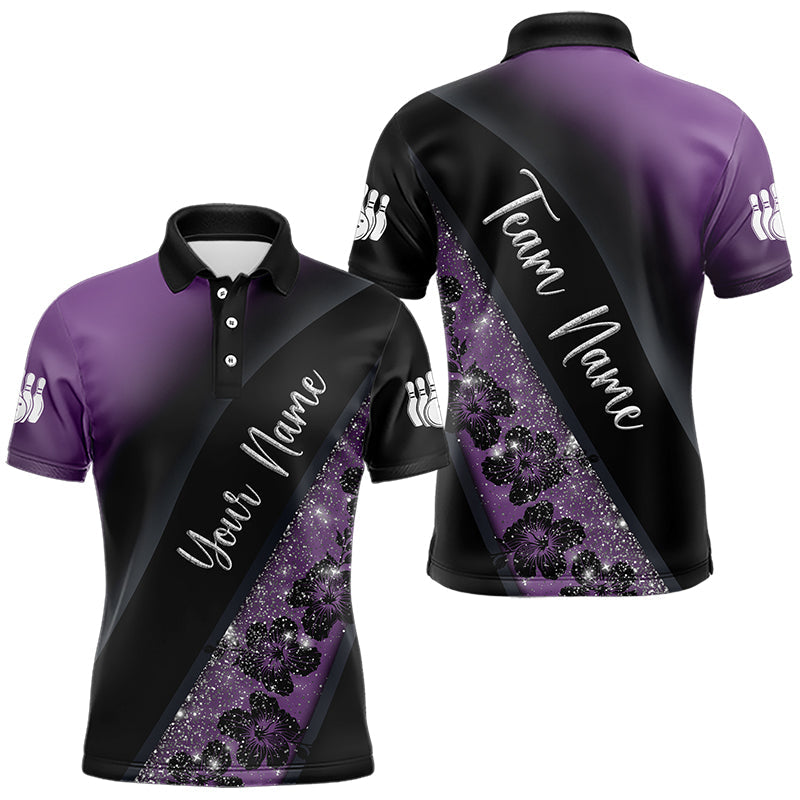Black and Purple Glitter Flower Bowling Polo, Quarter Zip Shirt for Men Custom Bowling Team Jerseys NQS9432