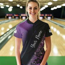 Load image into Gallery viewer, Black and Purple Glitter Flower Bowling Polo, Quarter Zip Shirt for Women Custom Bowling Team Jerseys NQS9432