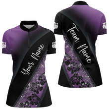 Load image into Gallery viewer, Black and Purple Glitter Flower Bowling Polo, Quarter Zip Shirt for Women Custom Bowling Team Jerseys NQS9432