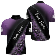 Load image into Gallery viewer, Black and Purple Glitter Flower Bowling Polo, Quarter Zip Shirt for Men Custom Bowling Team Jerseys NQS9432