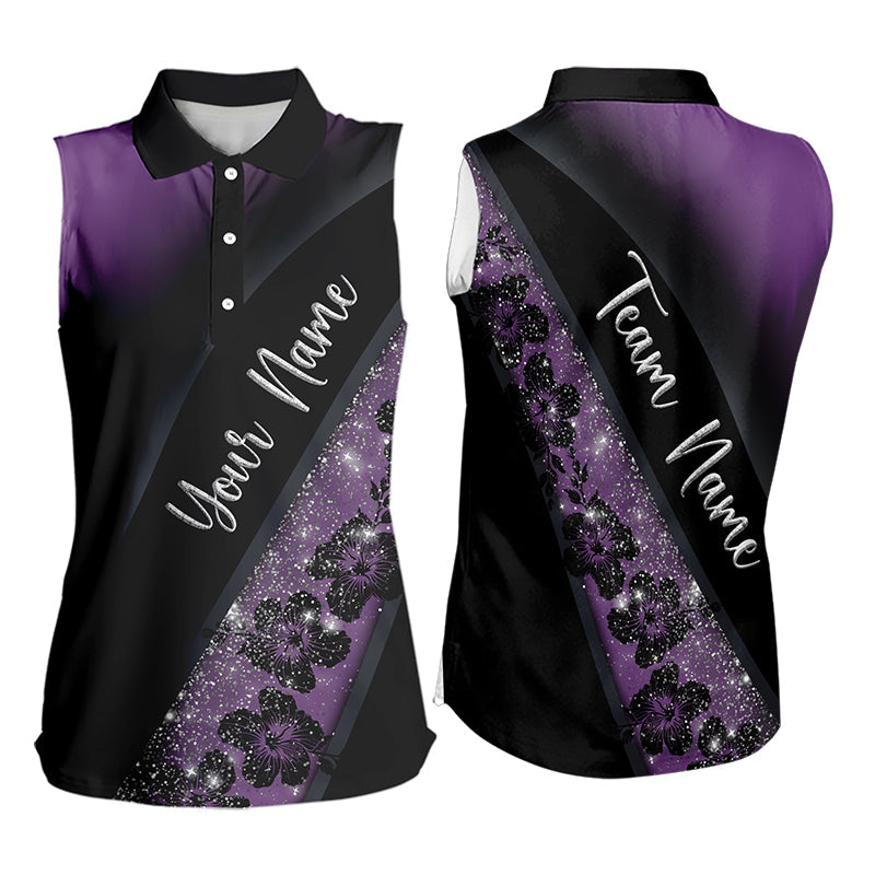 Black and Purple Glitter Flower Bowling Sleeveless Polo Shirt Custom Bowling Team Jerseys NQS9432
