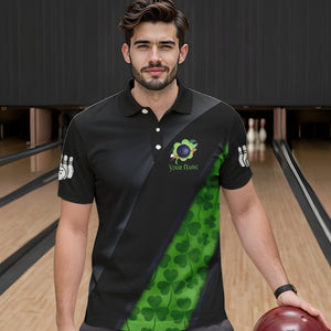 Black and Green Shamrock St Patrick Day Bowling Polo, 1/4 Zip Shirt for Men Custom Bowling Team Jersey NQS9434