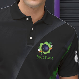 Black and Green Shamrock St Patrick Day Bowling Polo, 1/4 Zip Shirt for Men Custom Bowling Team Jersey NQS9434